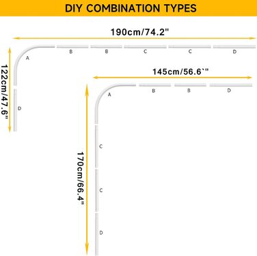 Штанга для душу L-подібна, регульована, 75-170 см, нержавіюча сталь, чорна, з кільцями для душу, для ванної кімнати, ванни, роздягальні (L-подібна_біла, 122x190 см)