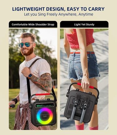 Караоке машина для дорослих та дітей – портативна система з 2 мікрофонами, Bluetooth, TF, USB, AUX, TWS, динамік, чорна