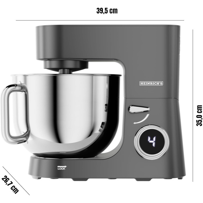 Кухонна машина Heinrichs 2500W з двома гаками для тіста, міксером та вінчиком, 8 швидкостей, чаша 7л з нержавіючої сталі, тиха, з титановим покриттям