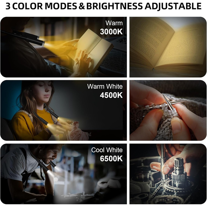 Ліхтарик на шию LED для читання, гнучкий, з USB зарядкою, 3 кольори світла, захист очей для дорослих та дітей, чорний