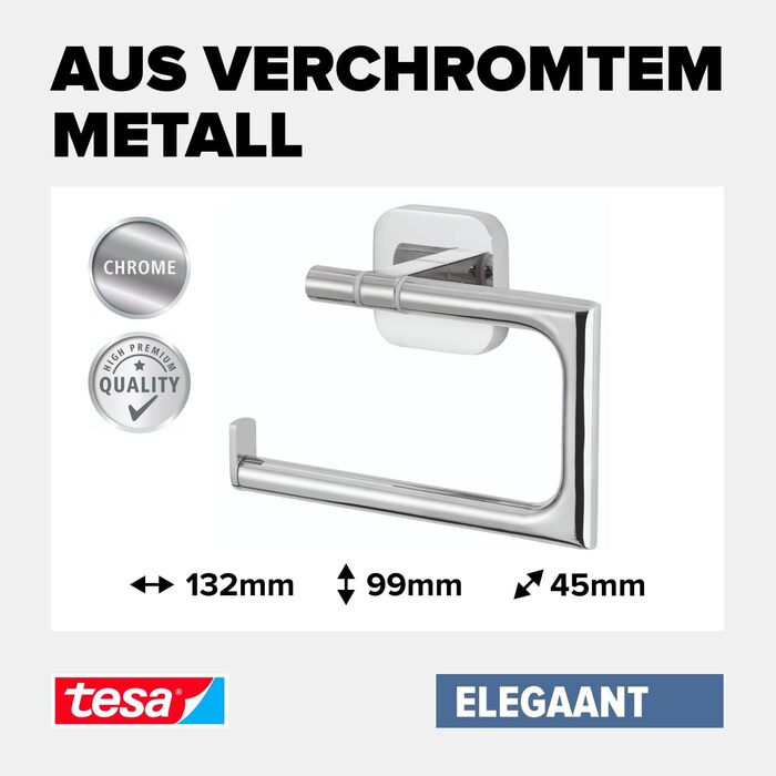 Тримач для туалетного паперу tesa ELEGAANT без кришки, хромований, для настінного монтажу на клей (без свердління), 132x99x45 мм