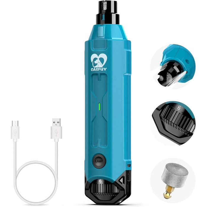 Електричний точилка для кігтів собак Casfuy 6-ступінчаста - безшумна, акумуляторна, для великих, середніх та малих собак (блакитний)