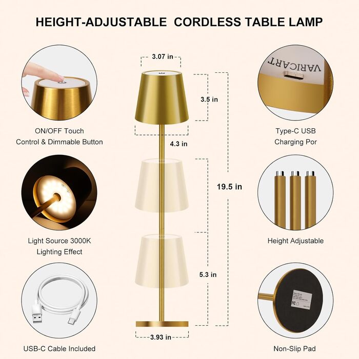 Світлодіодна настільна лампа бездротова з сенсорним керуванням, USB-C, димування, акумуляторна, 3 режими світла, регульована висота, IP54 водонепроникна, золота. Для ресторану, спальні, бару, вулиці