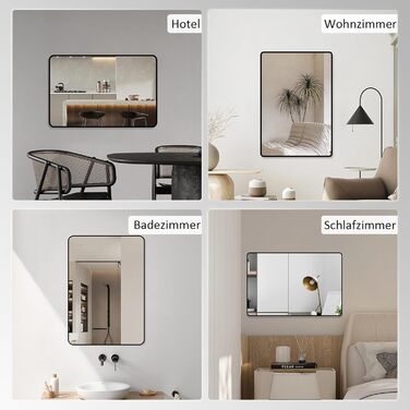 Дзеркало настінне прямокутне з заокругленими кутами, 40x60 см, чорне, нержавіюча сталь. Підходить для ванної кімнати та вітальні.