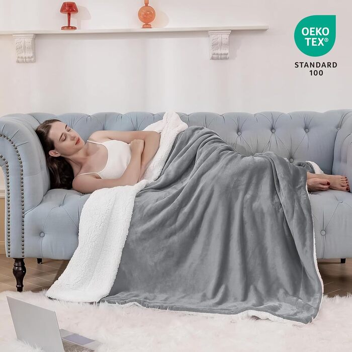 Aisbo Тепла плед для дому, фланелевий, сірий, 150x200 см, Sherpa Fleece, XL, м'який та затишний