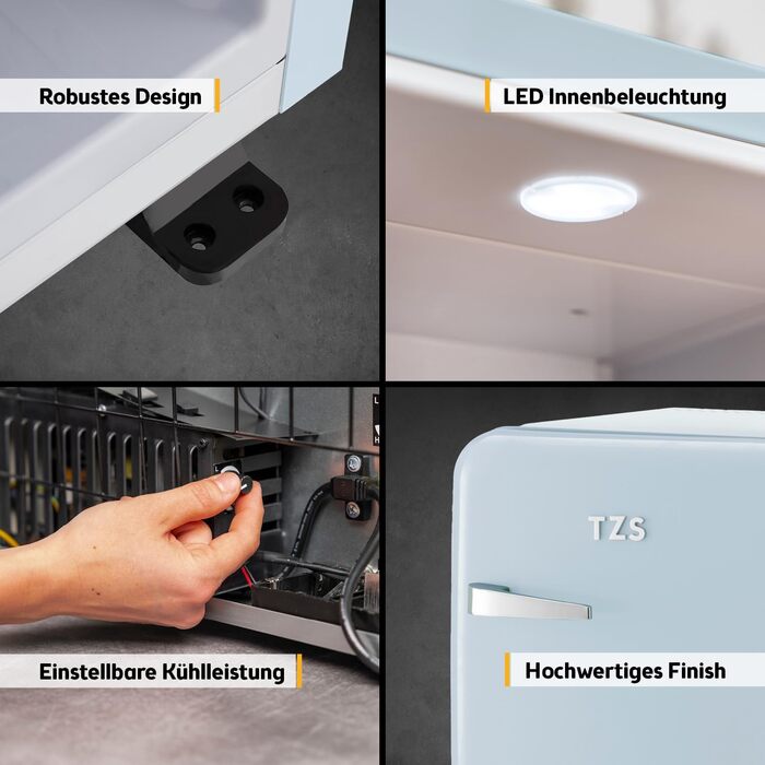 Холодильник мініатюрний TZS First Austria Retro 40L, блакитний. Безшумний, з підсвіткою та 2 полицями. Ідеально для кемпінгу, офісу, спальні, готелю.