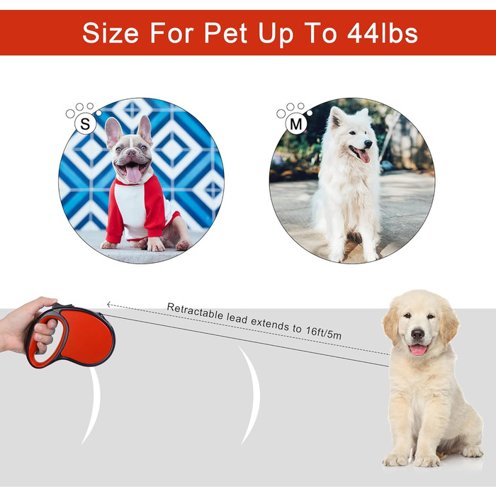 Висувна собача шлейка, 5 м, для собак маленьких та середніх порід до 25 кг, антизаплутування, міцний нейлоновий трос (рожево-білі крапки) (червоний)