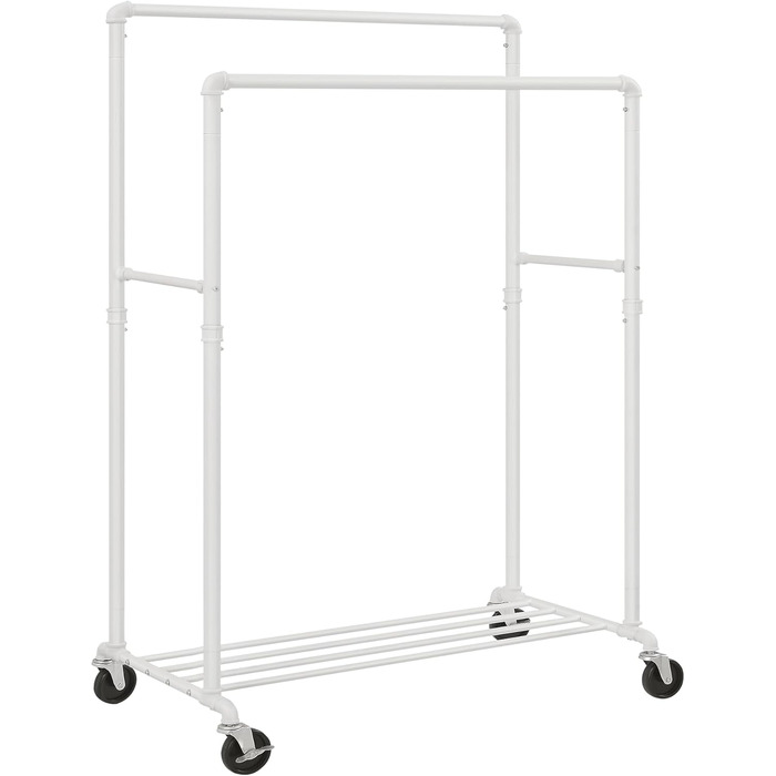 SONGMICS Clothes Rack, Clothes Rod, Coat Rack with 2 Clothes Rods and Shelf, Wheels, Load Capacity up to 110 kg, Industrial Design, for Bedroom, Dressing Room, White HSR060W01