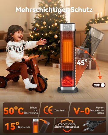 Електричний обігрівач PTC з керамічним нагрівачем, 2200W, з пульт дистанційного керування, 4 режими, таймер 12H, термостат, ECO-режим, осциляція 70°, захист від перегріву та перекидання, для дому та офісу (чорний, 65 см)