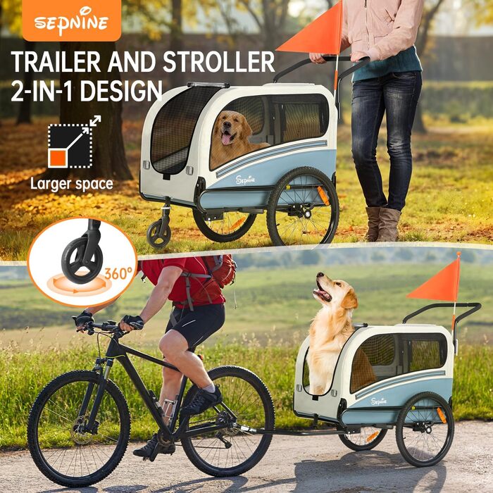 SEPNINE® Причіп для собак XXL 2-в-1, велосипедний причіп для собак з дахом, відбивачами та світловідбиваючими смугами, штовхач та універсальний з'єднувач для велосипеда, складаний, до 50 кг, блакитно-білий