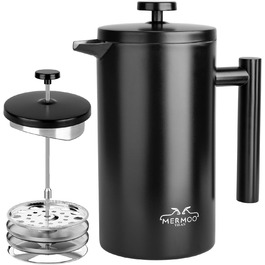 Френч-прес MERMOO YILAN 1L з нержавіючої сталі: термоізольований кавовар для кемпінгу, з подвійними стінками, 1000 мл (чорний)