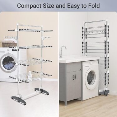 Турбо сушарка для білизни Todeco з нержавіючої сталі, 4 яруси, мобільна, сіра