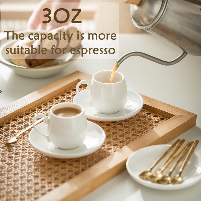 Набір кавових чашок для еспресо LYEOBOH (6 шт.) з підставками та ложками, 85 мл, кераміка, білий