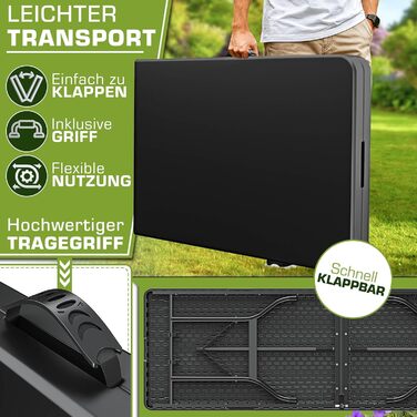 Зручний складаний садовий стіл Tillvex 180x75 см з ручкою для перенесення | Стіл для тераси, балкона, кемпінгу | Чорний