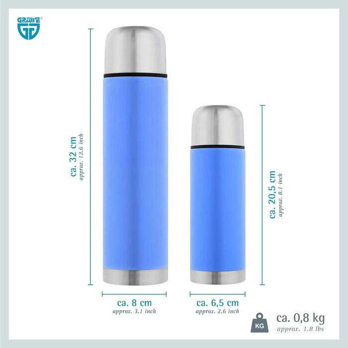 Термос GRÄWE з нержавіючої сталі, 1 л/350 мл, блакитний, з чашкою, для напоїв, ізотермічна пляшка, миється в посудомийній машині