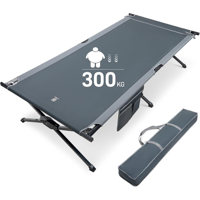 Розкладне ліжко EVER ADVANCED для кемпінгу: 214x106 см, 300 кг, XXL, стабільне, для відпочинку на природі та вдома, зелений/сірий