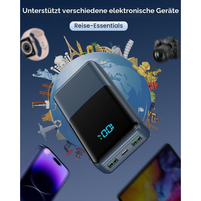 Повербанк 27000mAh з швидкою зарядкою USB-C PD 20W, зовнішній акумулятор для iPhone та Samsung з LED-дисплеєм, 2 входи та 3 виходи, чорний