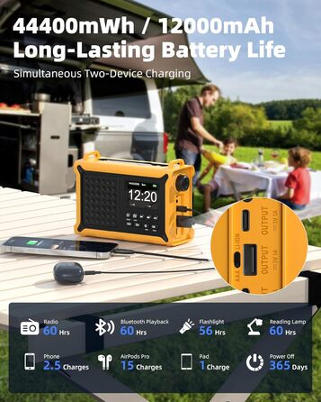 Сонячне радіо Solar Radio з ручкою, 12000mAh, DAB/DAB+/UKW, радіо для надзвичайних ситуацій з сонячною панеллю 8500мм² та ручкою 650mA, радіо з динамо, Bluetooth, ліхтарик та зарядний пристрій USB, для кемпінгу, надзвичайних ситуацій (жовте)
