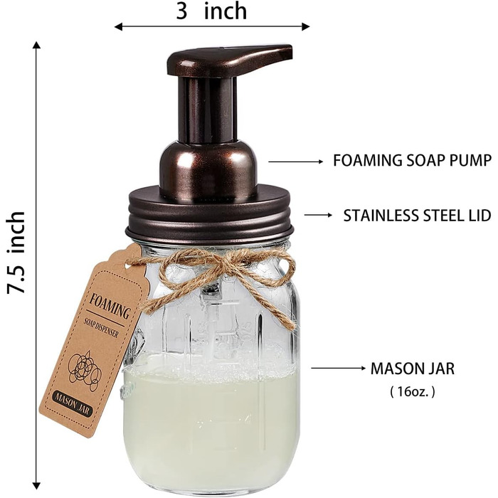 Mason Jar Bathroom Accessory Set, 4 Piece, Foaming Soap Dispenser & 2 Qtip Holders & Toothbrush Holder, Rustic Farmhouse Decor, Apothecary Glass, Countryside Countertop (Black) (Farmhouse, Bronze)