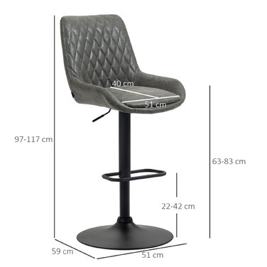 HOMCOM 2-Piece Adjustable Height Bar Stool Set with Backrest, Faux Leather Dark Grey for Bar and Kitchen