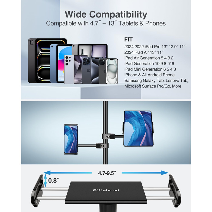 Алюмінієва підставка для iPad з мікрофонним кріпленням Elitehood, чорна