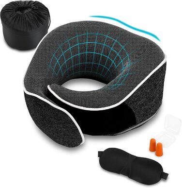Подушка для шиї з піною Memory Foam, комплект з маскою для очей, навушниками та чохлом, ергономічна, для подорожей (темно-сіра)