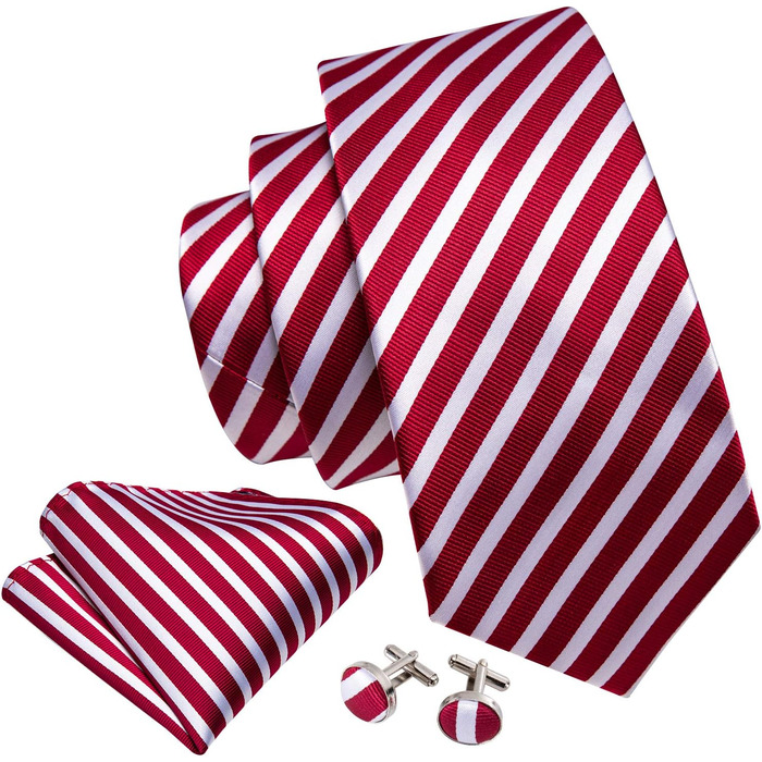 Набір краваток Barry.Wang: шовкові краватки з квітковим візерунком Paisley, нагрудна хустинка, краваткові затискачі та манжетні кнопки. Червоно-білий смуговий дизайн для святкових та весільних подій