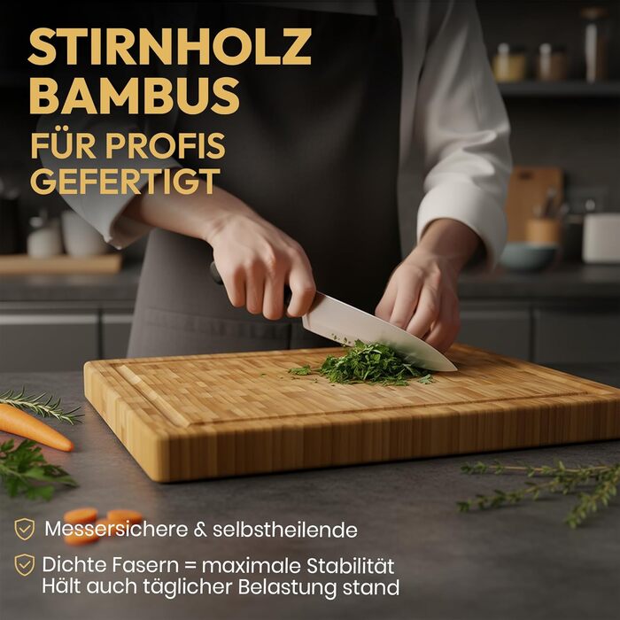 Розкриваюча дошка для нарізання з бамбуку, 100% органічний матеріал, 45 x 30 x 2 см, велика XL дошка – сертифікована FSC® антибактеріальна дошка з бамбуку для кухні (Gourmet Edition - Hirnholz Bambus, 38 x 27 x 3 см)