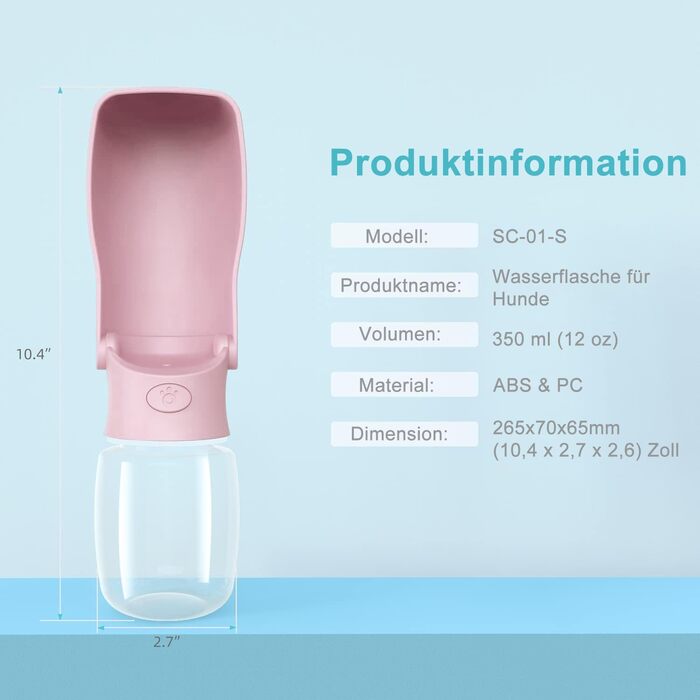 Водяна пляшка для собак на прогулянці 570мл або 350мл: портативна, для цуценят, малих, середніх та великих собак (Рожева)