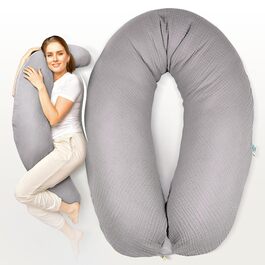 Подушка для вагітних та годування Sei Design XXL 190x35 см, мусліновий чохол (Taupe), ергономічна, з органічної бавовни