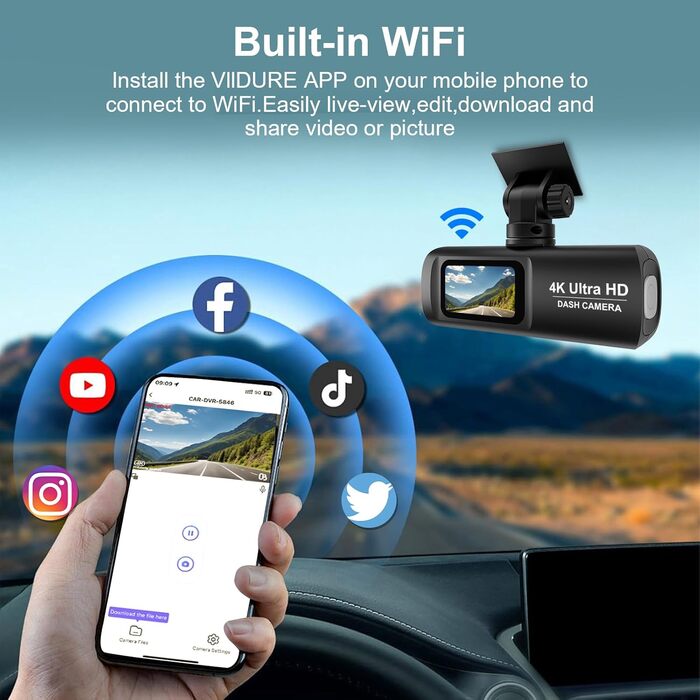 Відеореєстратор для авто 4K + 1080P з WiFi, нічною зйомкою та паркуванням, 64GB карта в комплекті