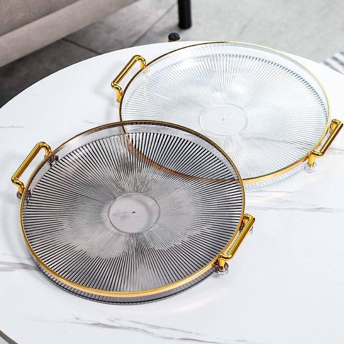 Round Serving Tray with Acrylic Handles, Golden Decorative Tray, Serving Tray for Coffee Table, Centerpiece, Kitchen, Large Metal Tray, Round Tray, Decorative Tray, Decorative Plate, Smoke Gray