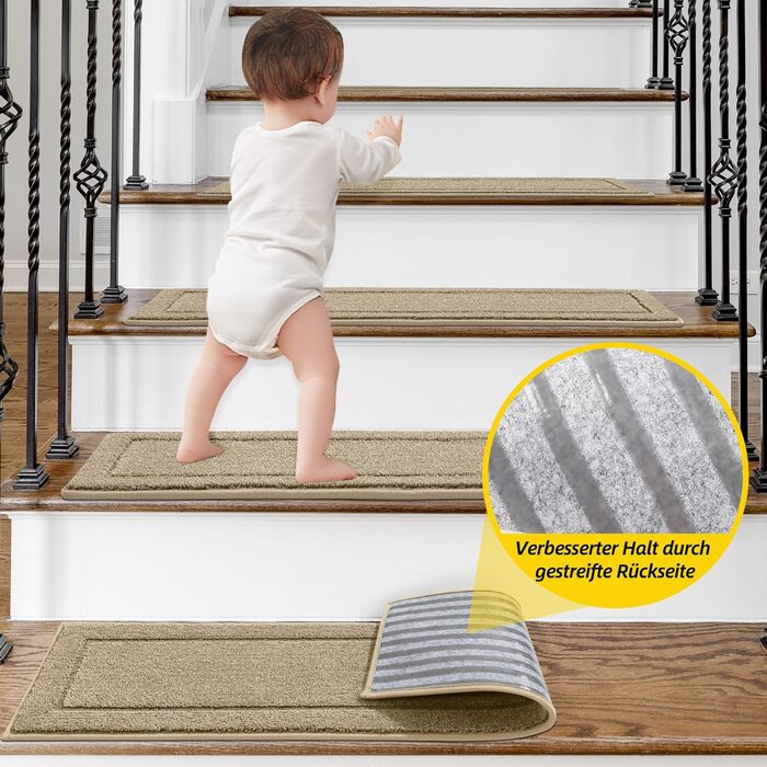 Сходинкові килимки JSEI, антиковзаючі, набір з 15 шт, 20.3 x 76.2 см, машинне прання, самоклеючі, для дітей, літніх людей та домашніх тварин, 100% поліестер, TPE-підкладка, темно-сірий