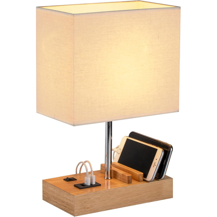 Настільна лампа Dreamholder з 3 USB-портами (A+C), підставкою для телефону, для спальні, вітальні, офісу, з натуральним дерев'яним цоколем та тканинним абажуром
