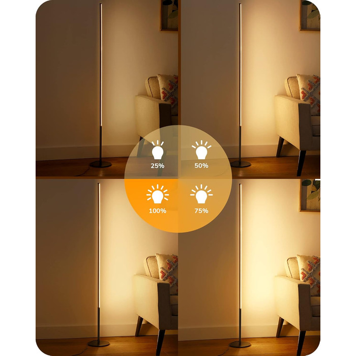 LED торшер EDISHINE для вітальні, спальні, офісу, 146 см, диммування, тепле світло 3000K, чорний (2 шт.)