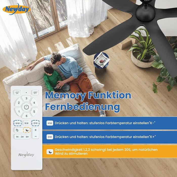 Стеляний вентилятор Newday 153см, чорний з підсвіткою та пультом, 5 лопастей, DC мотор, регулювання швидкості, таймер, для дому