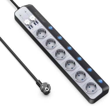 BESTEK Розподільник розеток 6-fach з USB, захист від перенапруги 900 Дж, настінний, з вимикачем, синьо-білий, кабель 3 м