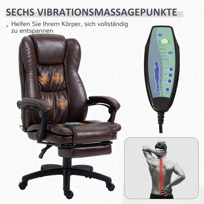 Vinsetto Adjustable Swivel Chair with Footrest, Headrest, Massage Function, Faux Leather, 68.5x68.5x113-121cm, Brown