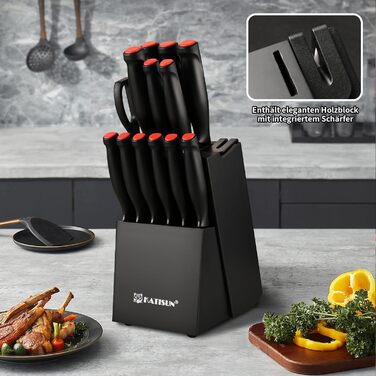 KATISUN 16-Piece Japanese Steel Knife Set with Block - Includes Sharpener, Cutting Board & Kitchen Shears - Durable Titanium Coated Kitchen Knife Set for Chopping, Slicing & Dicing