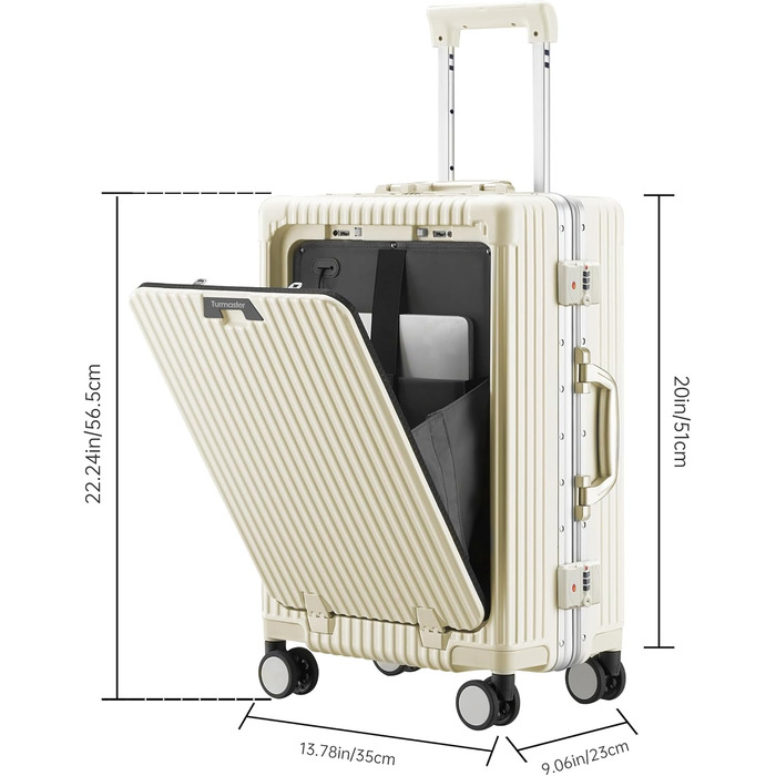 Чемодан 20 дюймів з спінінговими колесами, алюмінієва рама, TSA-замок, USB-порт, підставка для телефону, білий