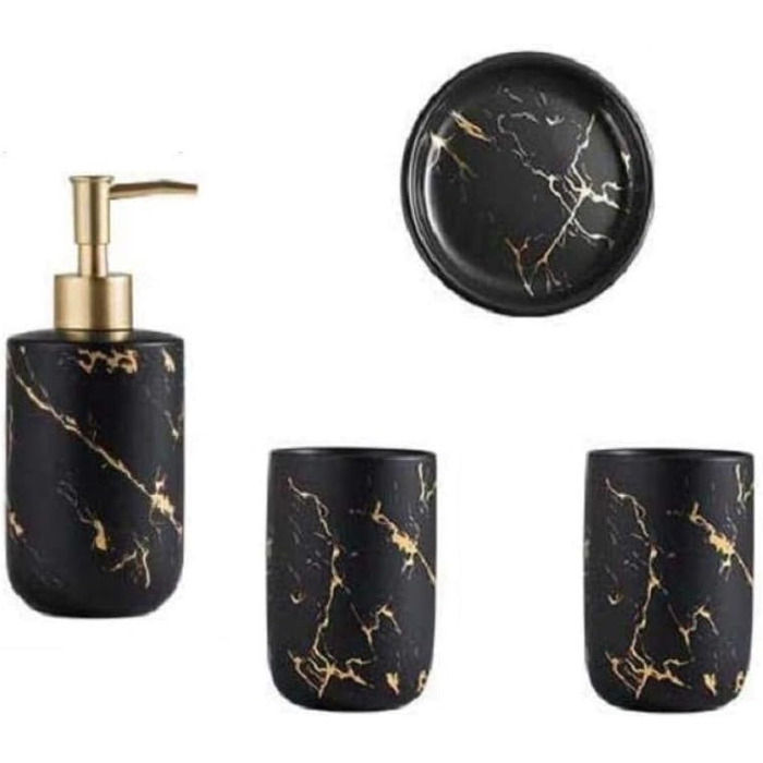 Набір аксесуарів для ванної кімнати FülleMore (4 шт.) з кераміки, імітація мармуру. Включає дозатор для мила (300 мл), мильницю, тримач для зубних щіток/склянку. Чорний колір.