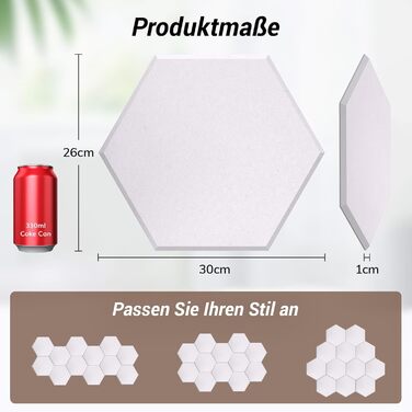 Акустичні гексагональні панелі TONOR самоклеючі, шумопоглинаючі стінові плитки для студії та декору, 30x26x1 см, білий колір, 18 шт.
