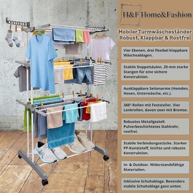 Сушарка для білизни H&F Turmwäscheständer 4-ярусна на колесах з гальмами, 170 см, до 40 кг