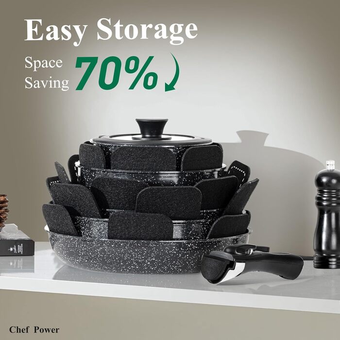 Набір посуду Chef Power Keramik Rock Stone Black 19 предметів з антипригарним покриттям, для індукції, посудомийної машини та духовки, знімні ручки