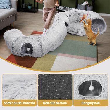Odoland Cat Tunnel - Large Cats, Foldable Cat Tunnel with Play Ball Cat Bed, Multifunctional Crinkle Tunnel Cat Cave Interactive Toy for Indoor Kittens