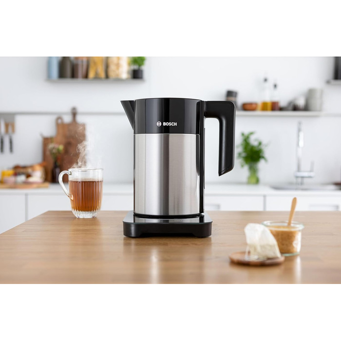 Bosch cordless kettle TWK7203, automatic shut-off, overheat protection, 7 temperature settings, keep-warm function, 1.7 L, 2200 W, black Single