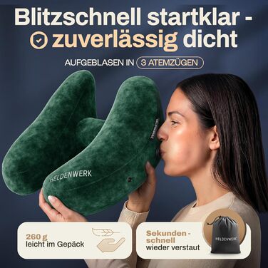 Подушка для шиї HELDENWERK® Air - для подорожей літаком та автомобілем | 5 положень, регульована, знімний капюшон | М'яка, зелена, для жінок та підлітків
