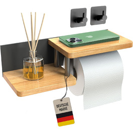 No-Drill Toilet Paper Holder with Towel Bars & Shelf - Stainless Steel & Bamboo Bathroom Organizer - Black Matte Finish