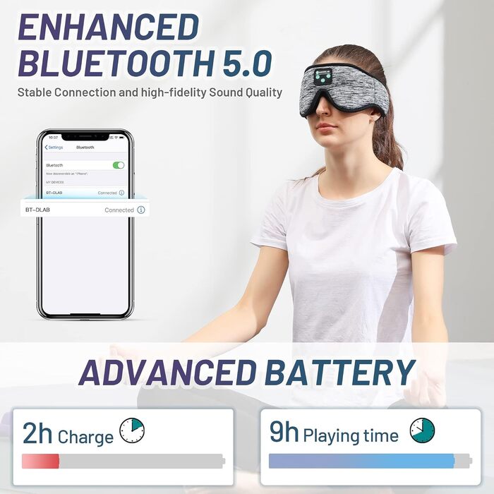 Маска для сну з Bluetooth-навушниками Boodlab 3D, бездротові, пранні, для сну, медитації, подорожей (сіра)
