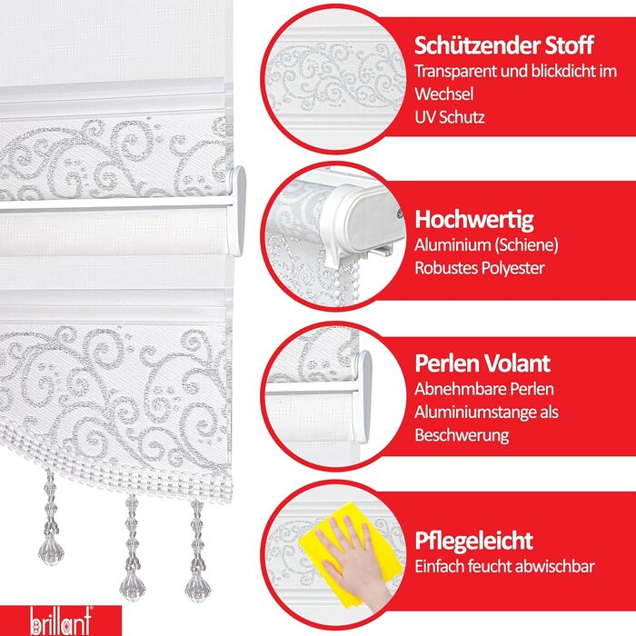 Double roller blinds, Easy-Fix without drilling, White Silver, 200 x 60 cm (Length x Width). Blackout Duo roller blinds with beads, shimmering, Roman shade, window, door, zebra blinds, clip-on blinds, side-pull blinds